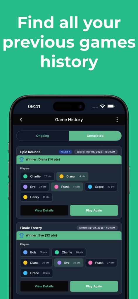 Score keeper - Scory - Game history screen of Scory app showing completed board game sessions winners and scores