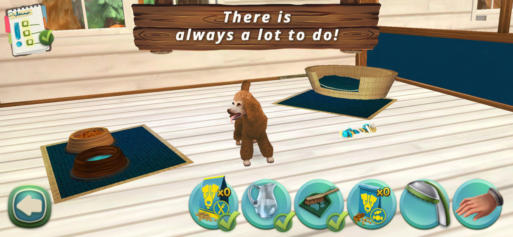 Pet World - My Animal Hotel - Ein brauner Hund in einem Tierhotelzimmer mit verschiedenen Symbolen für Pflegeinteraktionen am unteren Rand.
