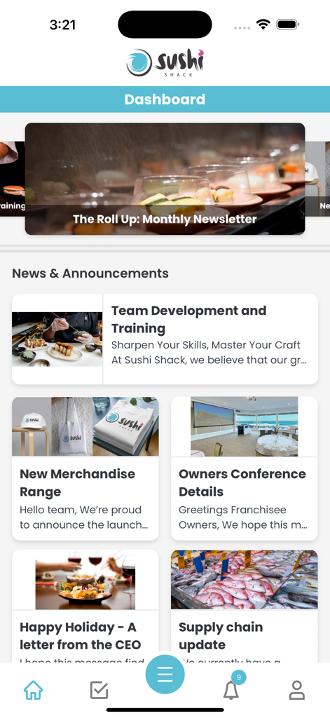 Ideagen Procedure Management - The news and announcements dashboard of the Ideagen Procedure Management app featuring franchise updates.