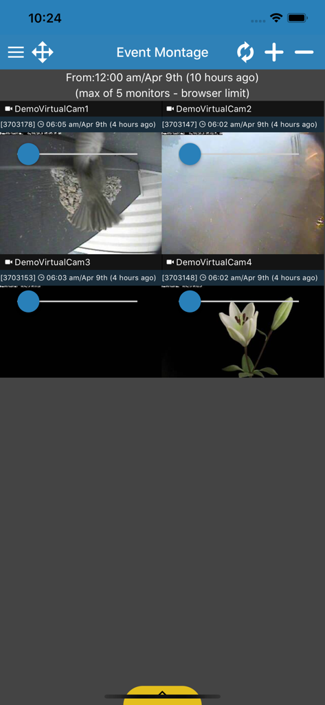 zmNinja-pro app showing a grid of four security camera feeds in the event montage view.