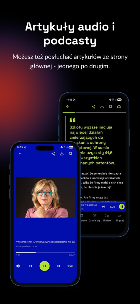XYZ - Interfaz de la app móvil XYZ con artículos de noticias en audio y reproductor de podcasts