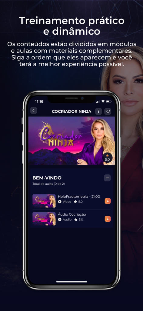 Holo Cocriação - Interface do módulo do curso dentro do aplicativo Holo Cocriacao, mostrando lições em vídeo e áudio