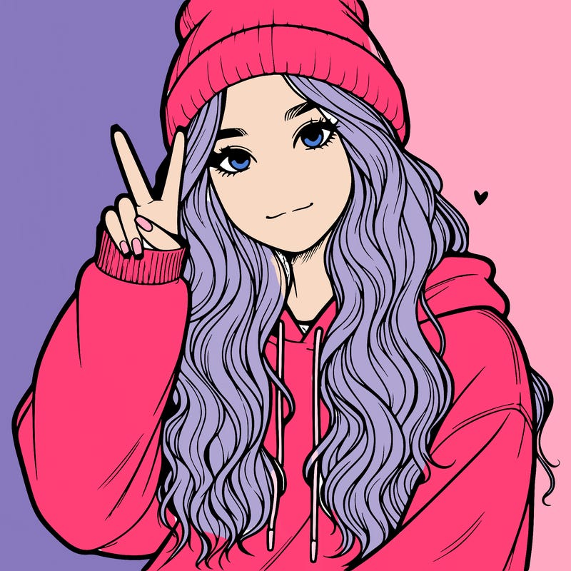 a teenage girl in a beanie, oversized sweatshirt, wavy long hair, and is showing a ✌️