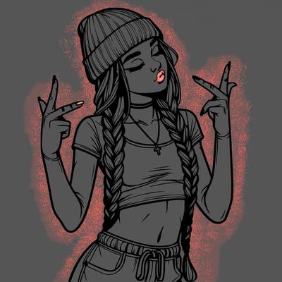 realistic teenage girl with braids and a beanie and crop top doing 🫶🏼