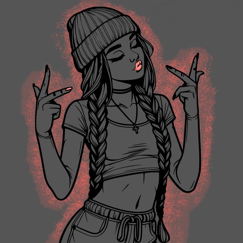 realistic teenage girl with braids and a beanie and crop top doing 🫶🏼
