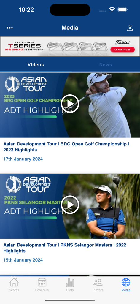 Asian Tour - 골프 토너먼트 하이라이트 비디오 목록을 표시하는 아시안 투어 앱 미디어 화면