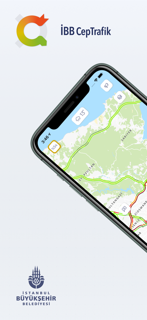 IBB CepTrafik - A smartphone displaying the IBB CepTrafik app with a real-time traffic map of Istanbul and the Istanbul Metropolitan Municipality logo.