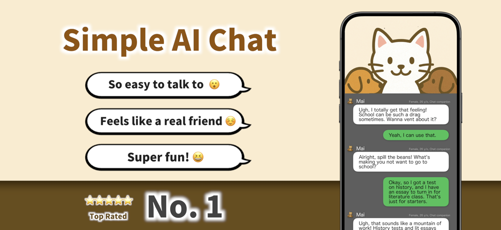 Interface of the ChillChat app showing a chat with an AI friend named Mai and positive user reviews.