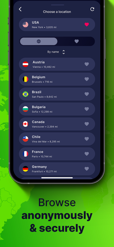 TorGuard VPN app interface showing a list of global server locations to browse anonymously and securely.