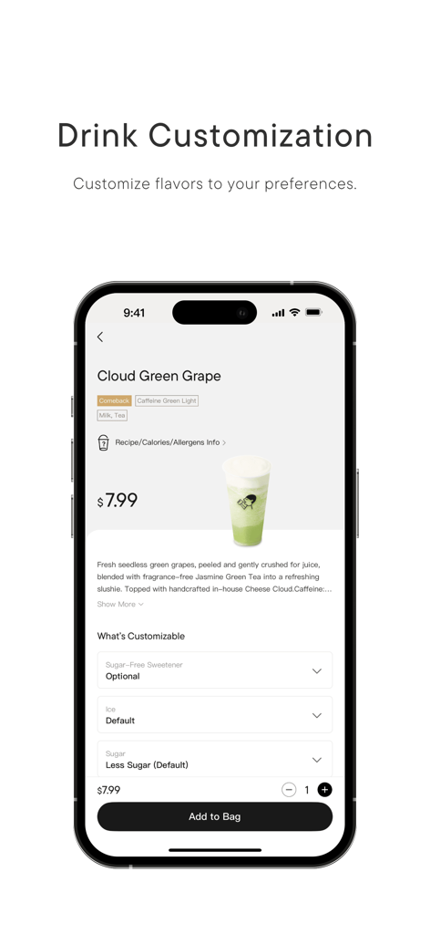 A mobile interface for customizing a HEYTEA drink with options for sweetener, ice, and sugar levels.