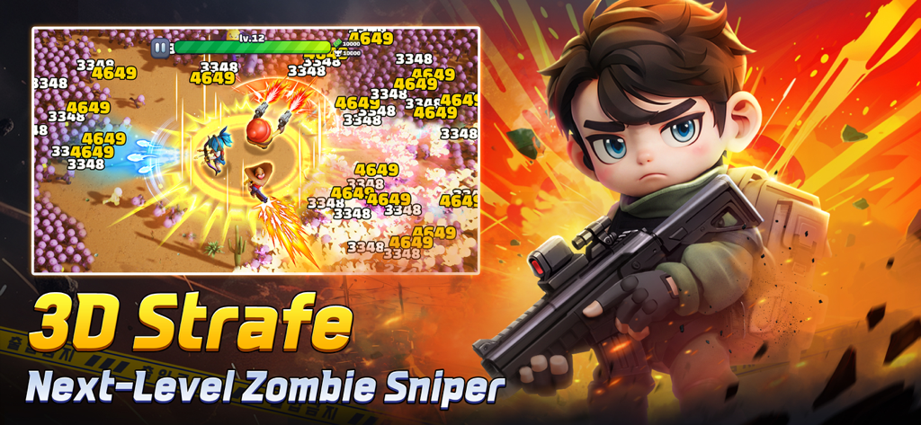 A hero with a sniper rifle and a gameplay view of heroes fighting a large swarm of zombies in Zombie.io