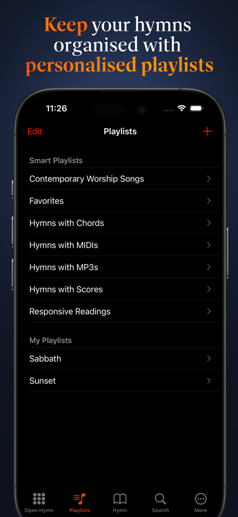 Advent Hymnal - Advent Hymnal app screen showing personalized playlists like Sabbath and Sunset for organized worship songs.