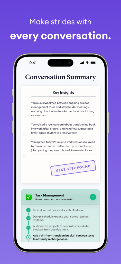 La aplicación Mindflow AI muestra un resumen de la conversación y perspectivas de gestión de tareas para el apoyo al TDAH.