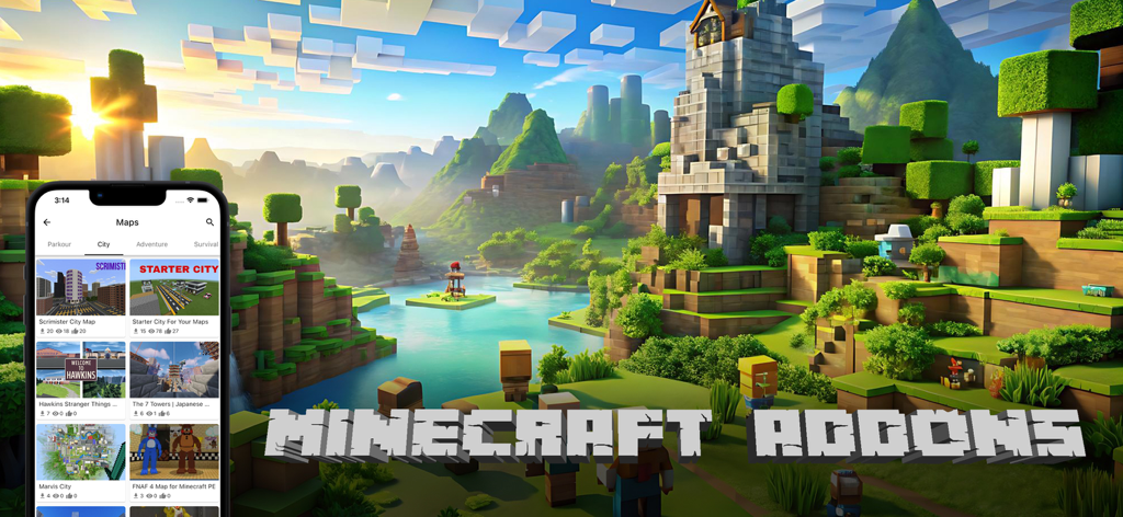 Addons & Skin for Minecraft PE - A mobile app interface displaying Minecraft maps and addons over a scenic blocky landscape.