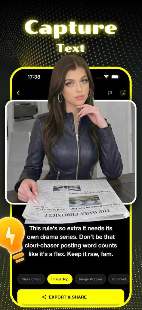 Capture & Create - Vivid - Ein Screenshot der Vivid App, der ein KI-generiertes Textposter mit einem kontrastreichen Design zeigt