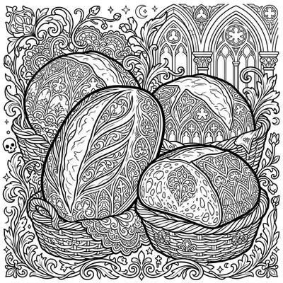 Explore a truly unique coloring experience with these gothic sourdough loaves. This highly detailed page combines rustic baking with dark, elegant patterns, perfect for adult colorists.