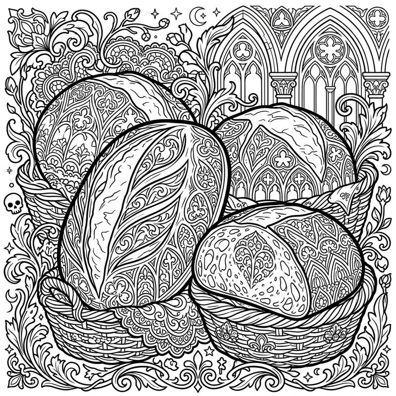 Explore a truly unique coloring experience with these gothic sourdough loaves. This highly detailed page combines rustic baking with dark, elegant patterns, perfect for adult colorists.