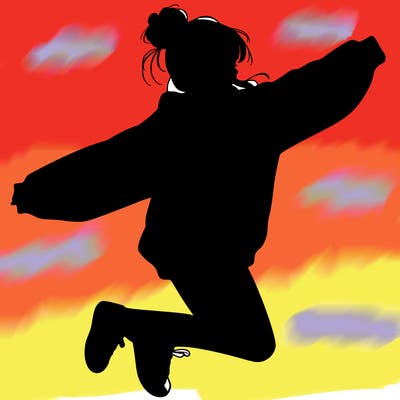 realistic girl jumping with a bun and oversized sweatshirt