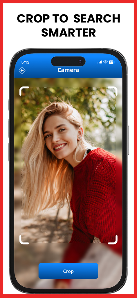 A smartphone screenshot showing the crop tool in the Reverse Image Search app being used to identify a person's face.