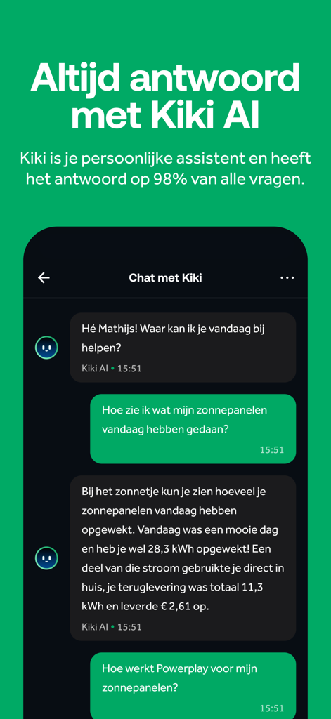 Zonneplan | Energie - Interface de chat do aplicativo Zonneplan com o assistente Kiki AI fornecendo insights personalizados de energia