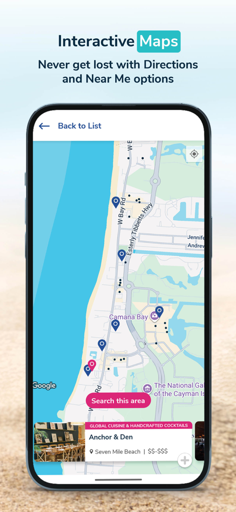 Explore Cayman - A smartphone displaying an interactive map of the Cayman Islands with local points of interest and restaurant pins.