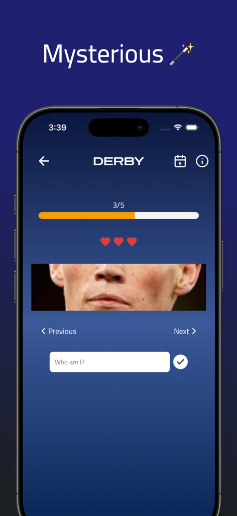 Derby: Football Trivia - ダービー フットボール トrivia アプリのスクリーンショット。選手識別チャレンジが表示されている。
