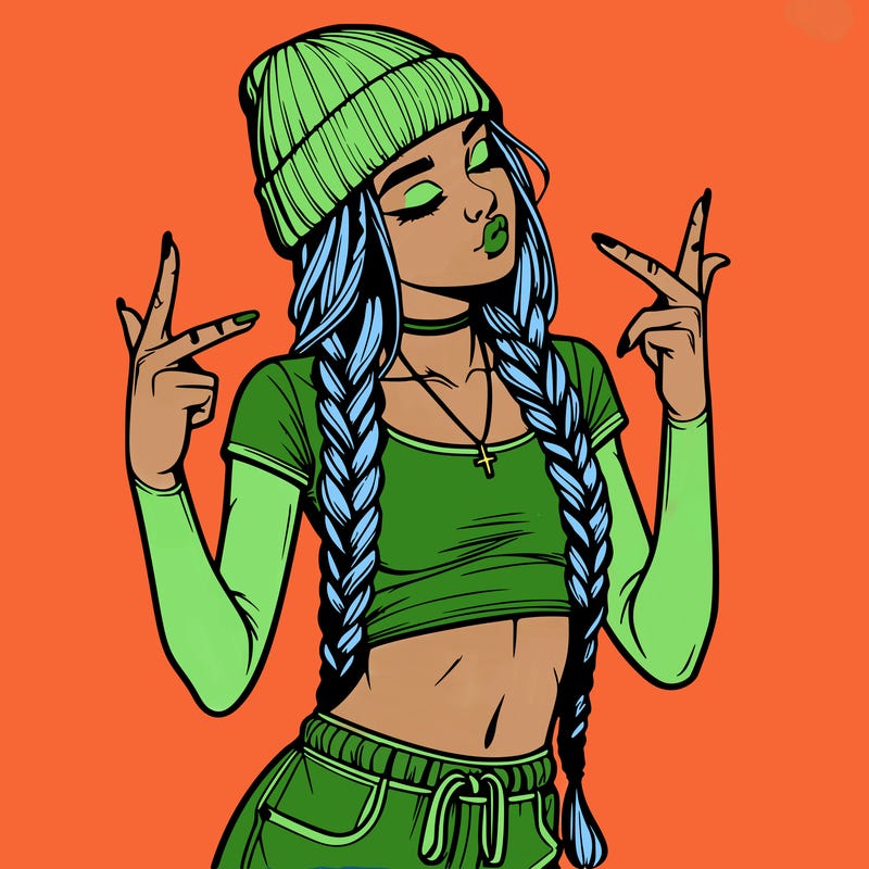 realistic teenage girl with braids and a beanie and crop top doing 🫶🏼
