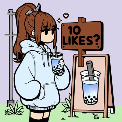 girl with oversized hoodie drinking boba and she has a high ponytail with a sign that says 10likes?