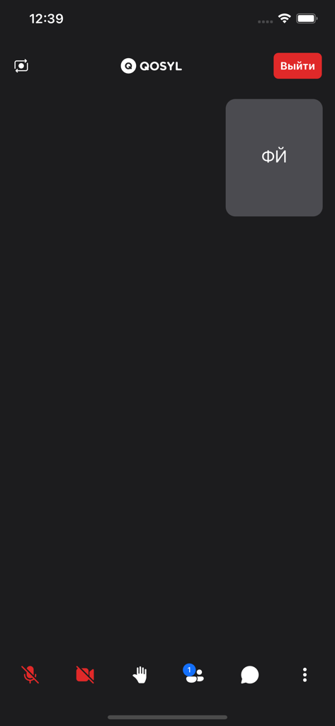 Qosyl - Oberfläche der Qosyl-Videokonferenz-App mit Meeting-Steuerelementen wie Stummschaltung, Kamera, Chat und Teilnehmerliste auf einem Mobilgerät.