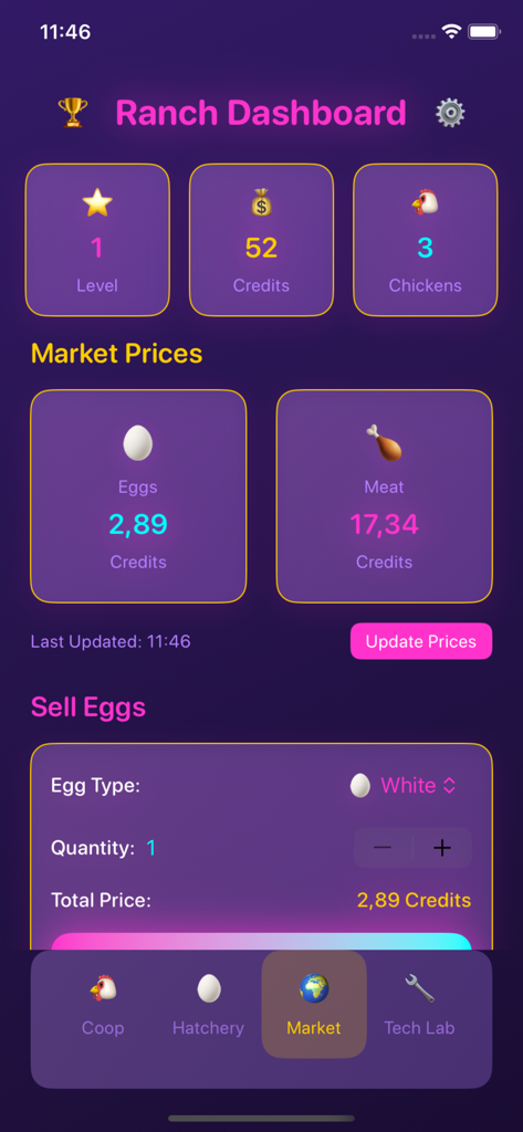 Nest Stories: Windward Path - Ranch Dashboard screen in the Nest Stories Windward Path app showing market prices for eggs and meat