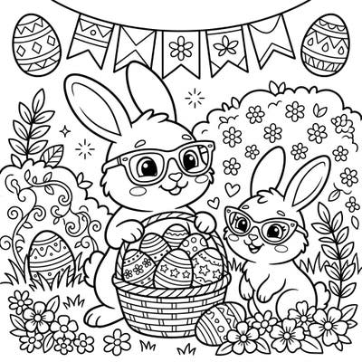 Get ready for an adorable Easter celebration with this charming coloring page! Two cute bunnies, rocking stylish kids' eyewear, are surrounded by festive eggs and blooming spring flowers, ready for your creative touch.