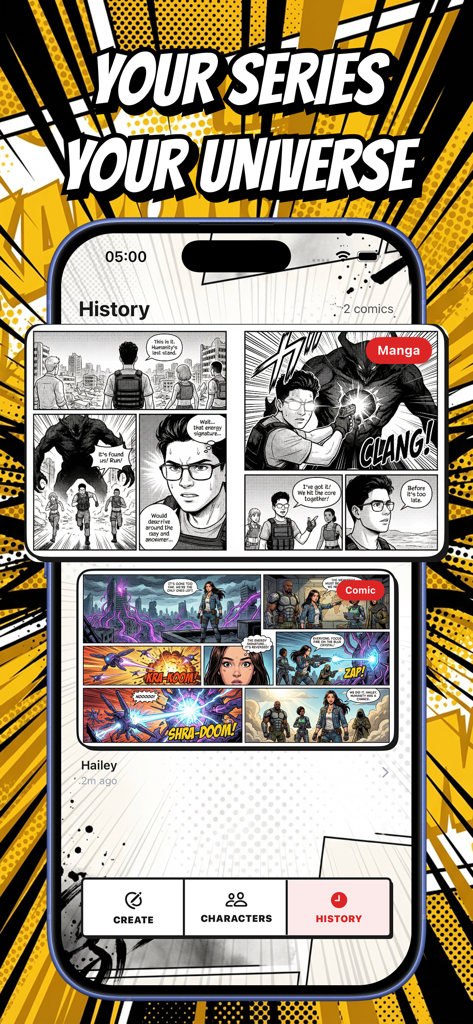 Interfaz de la aplicación RYU mostrando un historial de tiras de manga y cómics generadas por IA con diferentes estilos artísticos.