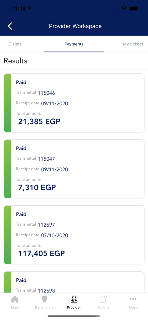 MedRight for Medical Services - MedRight app interface showing a list of paid medical claims with transmittal numbers and amounts in Egyptian Pounds.