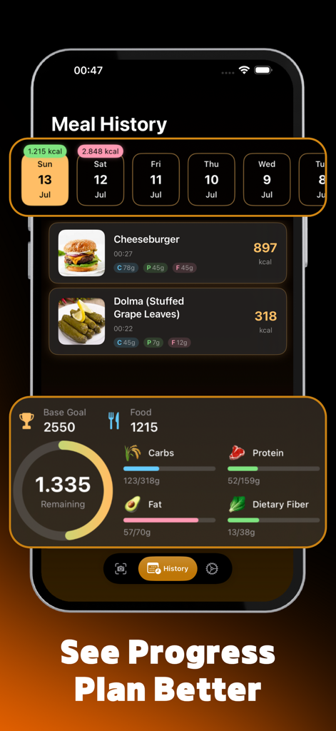 Calio: AI Calorie Tracker - Calio App-Oberfläche zeigt Mahlzeitenverlauf und täglichen Kalorien- und Makro-Fortschrittsverfolgung
