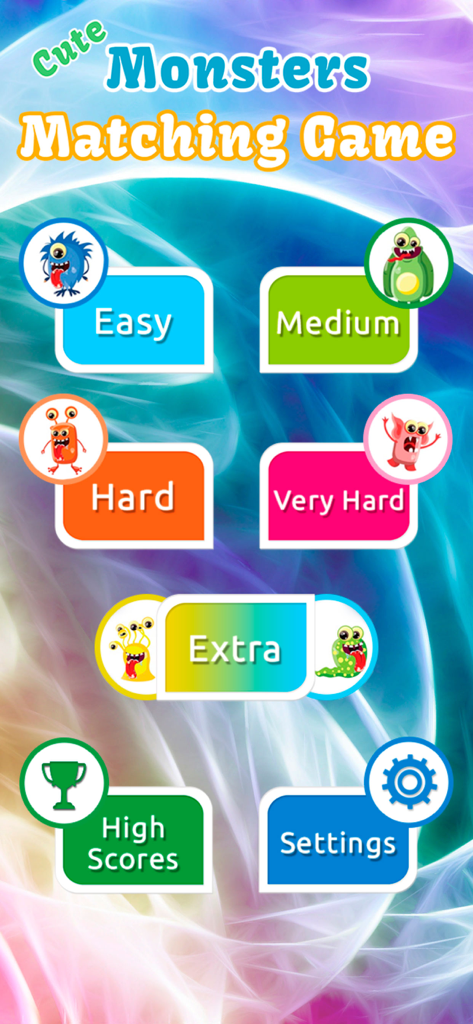 Cute Monsters Matching Game - Main menu of the Cute Monsters Matching Game app showing difficulty levels from easy to extra with colorful buttons and cute monster icons