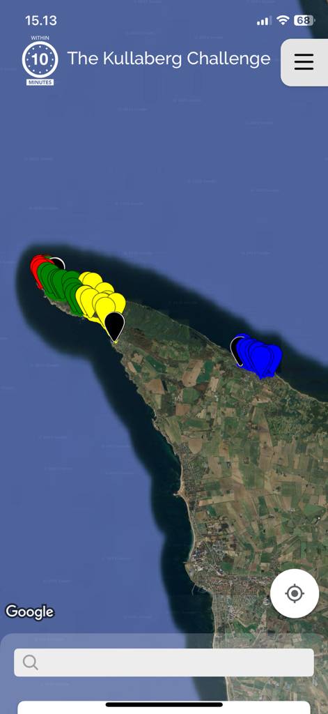 Satellite map showing location pins for the Kullaberg Challenge within the app.