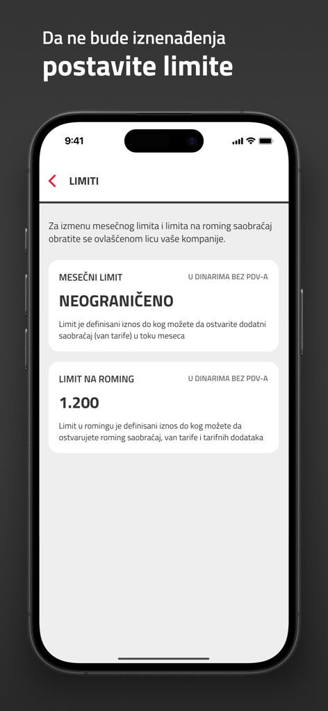 mts Biznis - Screenshot of the mts Biznis app showing monthly and roaming limit settings for business users