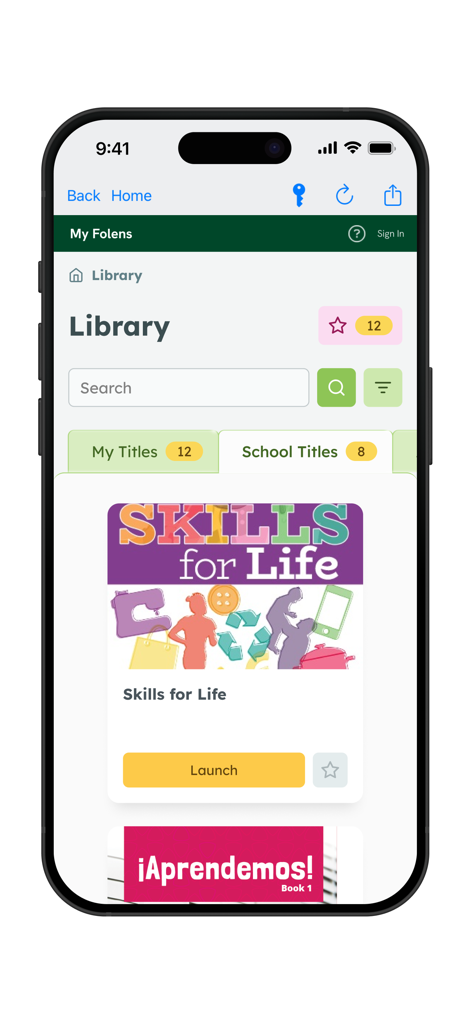 Panel de biblioteca digital en la aplicación Folens mostrando títulos de libros electrónicos educativos
