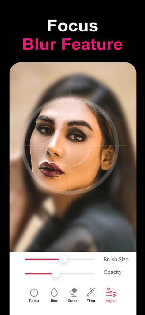 Blur Image -Blur Effect Editor - Oberfläche der Blur Image App, die die Fokus-Weichzeichnungsfunktion auf einem Porträt anzeigt