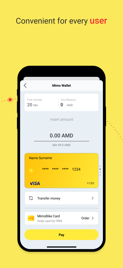 Pantalla de la cartera de la aplicación Mimo Meta Sharing que muestra opciones de pago y saldo