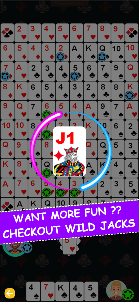 Gameplay screen of World of Jacks board game showing a card grid and colored chips.