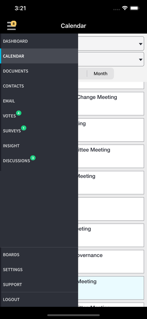 Directors Desk - Side navigation menu of the Nasdaq Directors Desk app showing board portal features