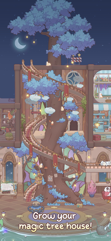 夜には光るライトと居心地の良い部屋がある魔法の猫のツリーハウス。