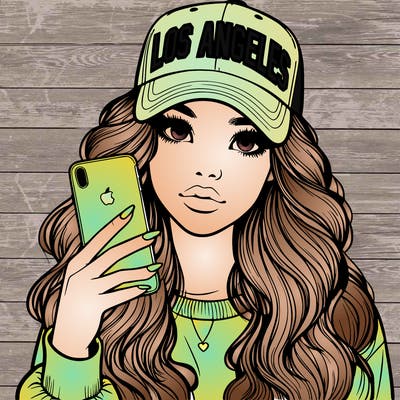 realistic beautiful girl wearing los ángeles cap holding an iphone