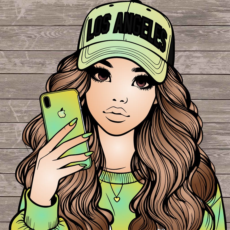 realistic beautiful girl wearing los ángeles cap holding an iphone