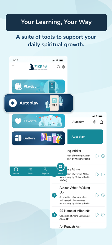 Screenshot of Zikraa app showing learning tools like playlists autoplay favorites and daily athkar lists