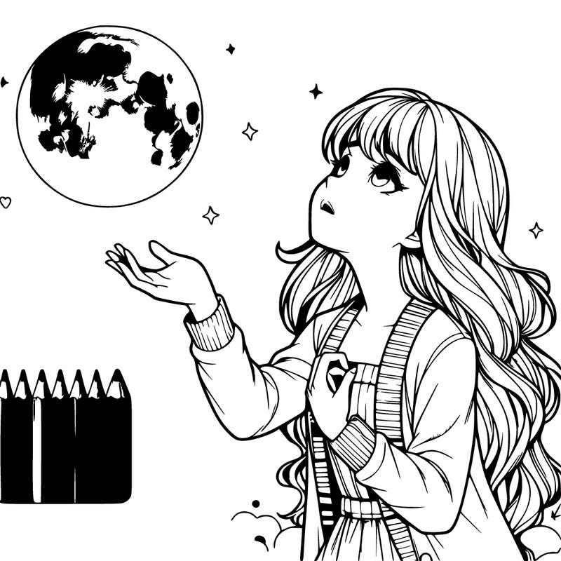 realistic girl looking up at the moon reaching her hand out