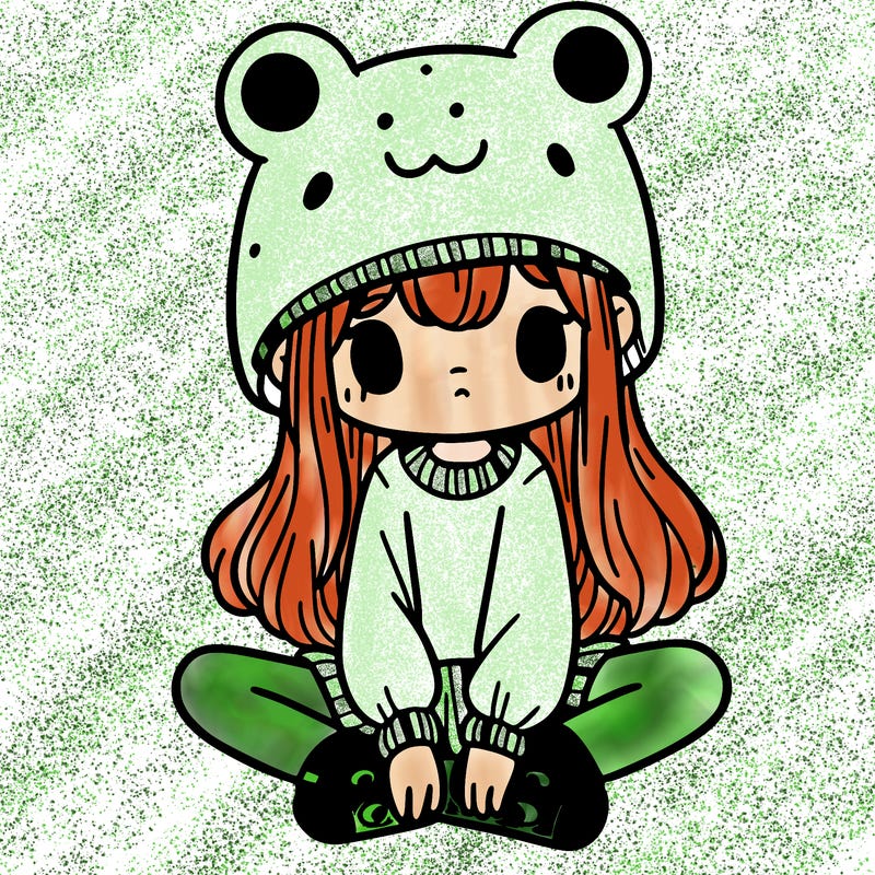 a girl wearing a frog hat and some frog socks