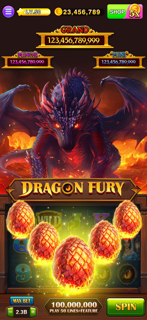 Lucky Jackpot Slots Casino game screen featuring the Dragon Fury theme with a large red dragon and glowing golden eggs over the reels.