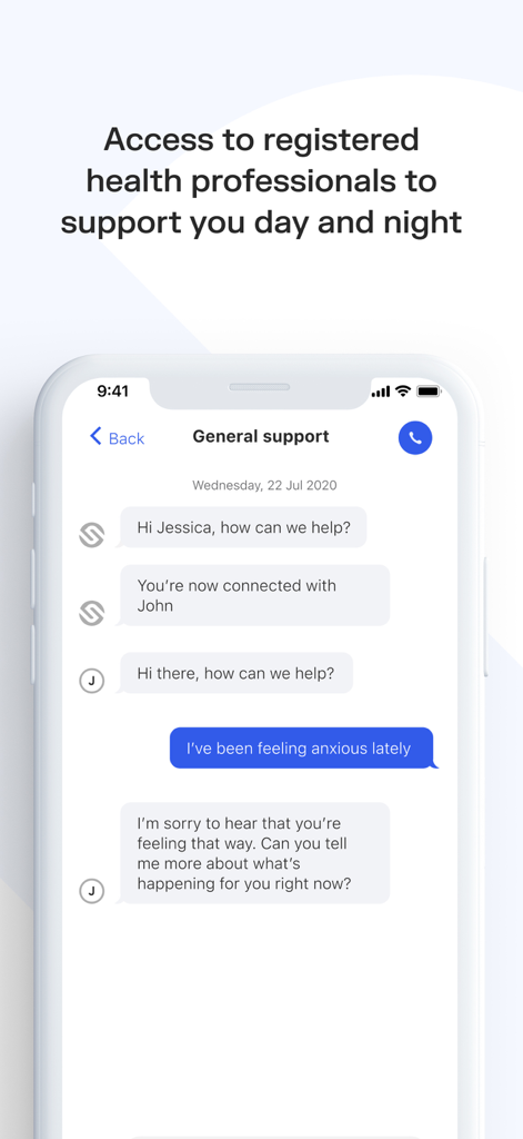Sonder: Wellbeing & safety - Interfaz de chat de la aplicación Sonder que muestra a un usuario recibiendo apoyo de salud mental de un profesional.